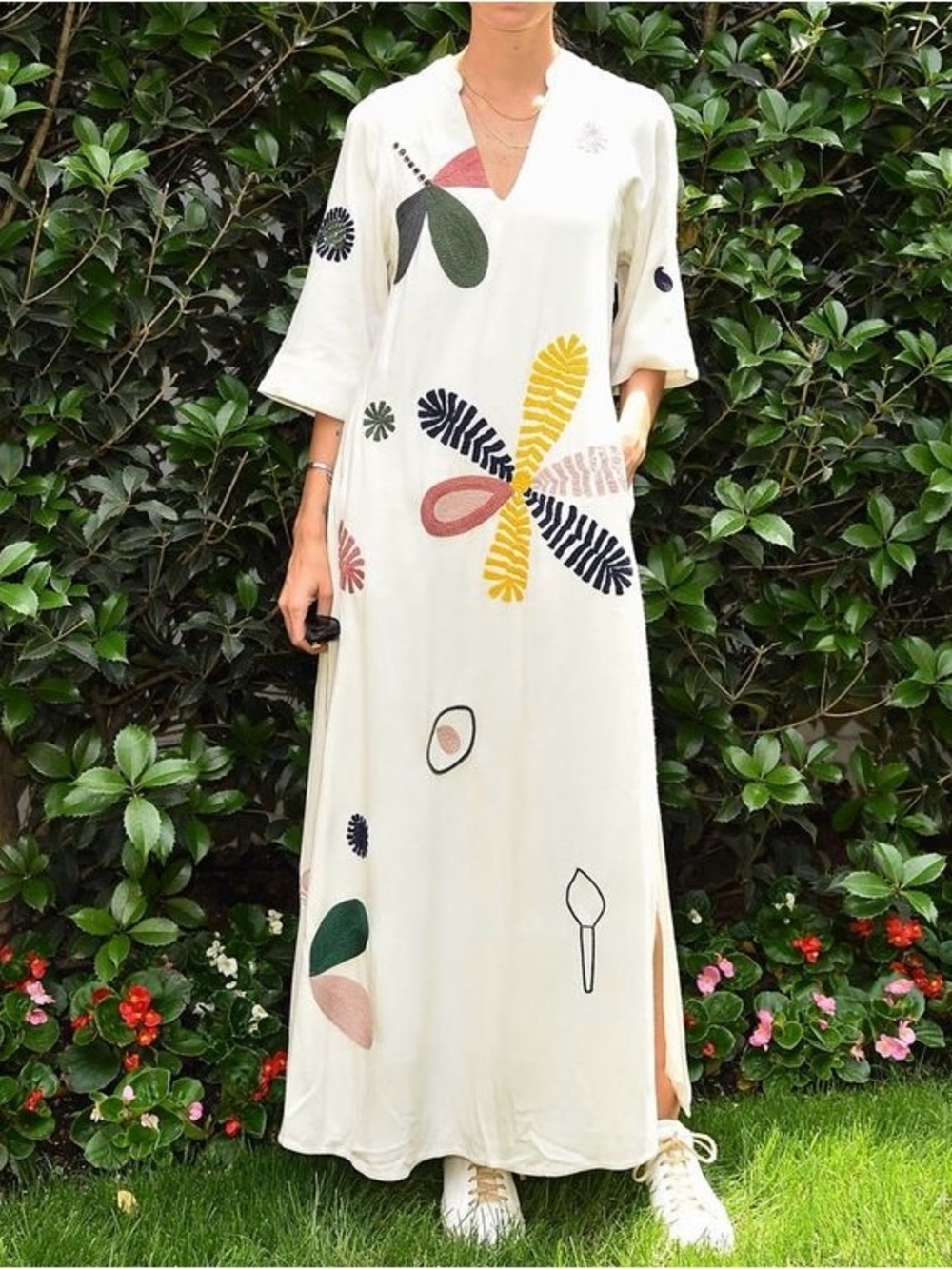 Tory Burch Maxi Caftan botanical appliqués and line-art motifs size S